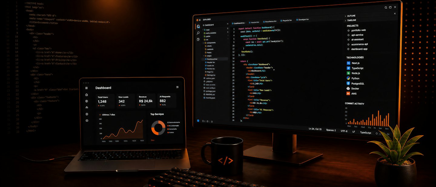 Laptop i monitor wyświetlające kod oprogramowania i pulpity biznesowe.